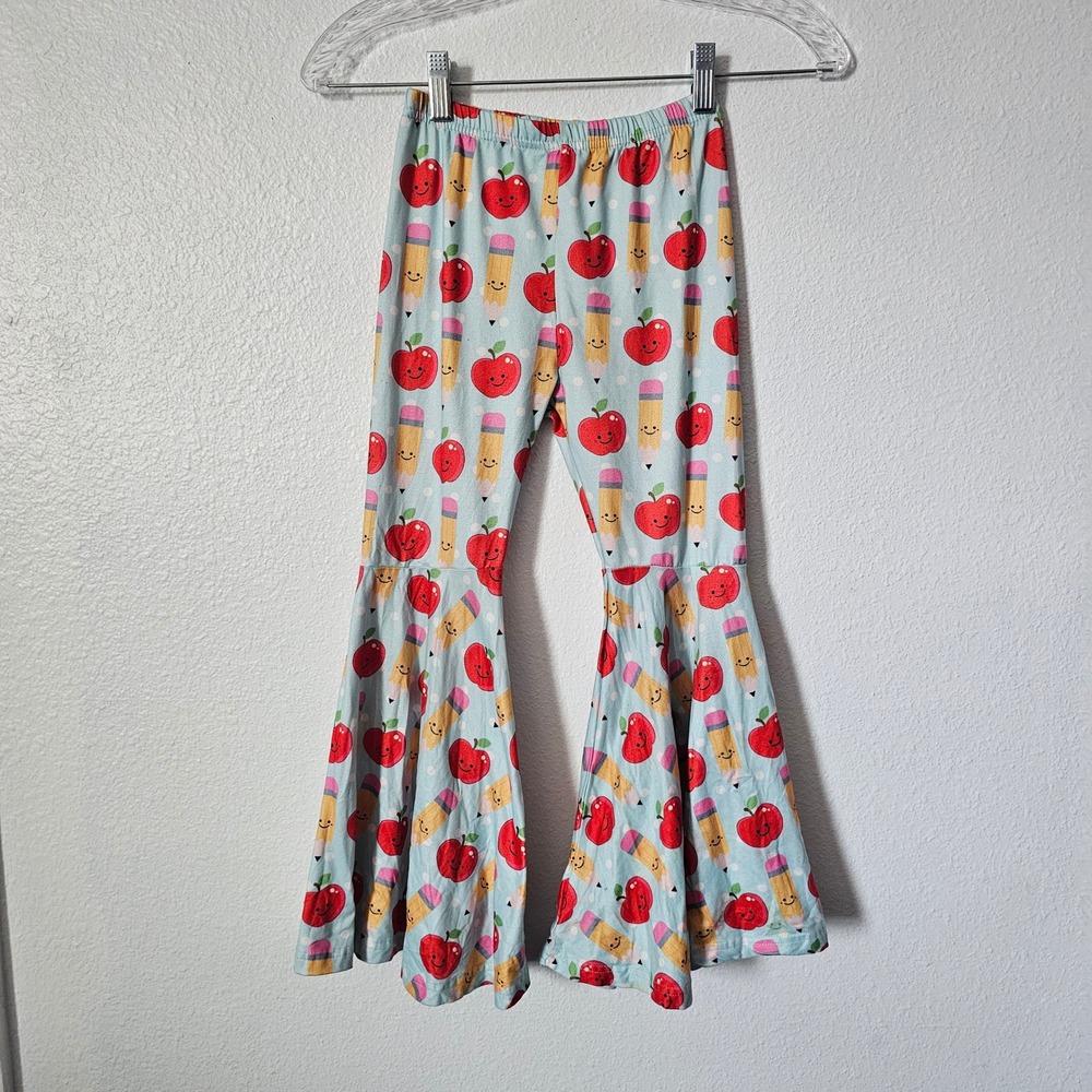 Kids Back to School Apple Pencil Print Bell Bottom Flare Pants Blue Size 7-8Y